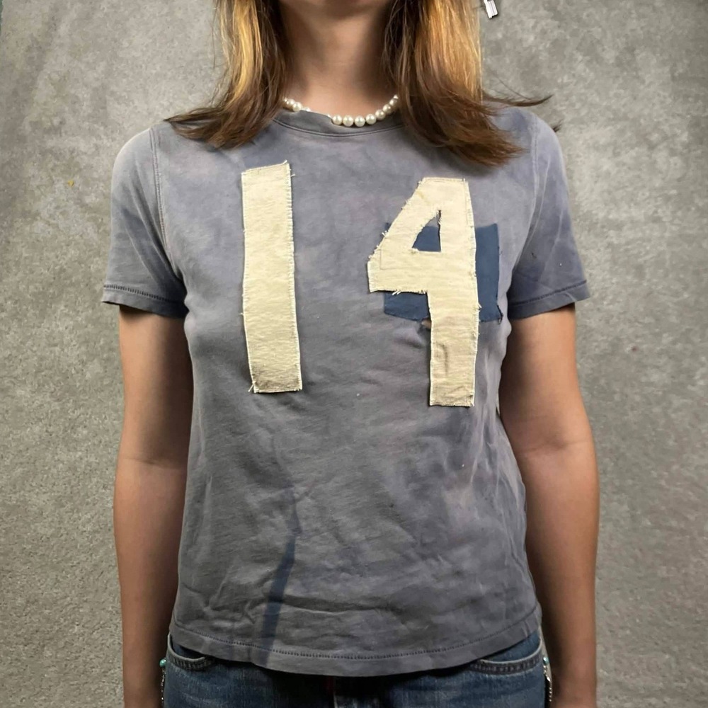 J. Crew Women S Blue Indigo 14 Patchwork Short Sleeve T-Shirt Sun Faded Thrashed